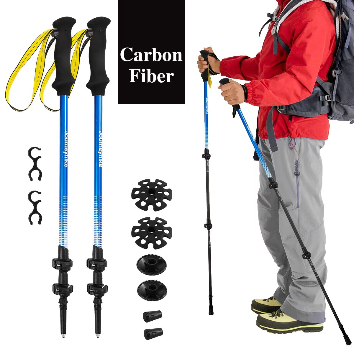 Trekking Pole Carbon - 黄色の3Kカーボンファイバートレッキングポール、3段伸縮式ハイキングスティック、ダブルパックカーボンファイバーノルディックウォーキングスティック