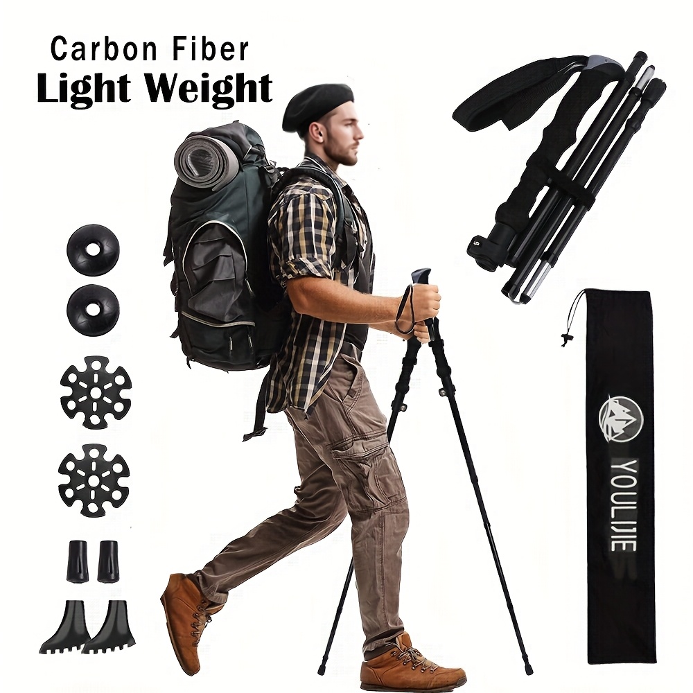 Trekking Pole Carbon - 軽量100％カーボンファイバー製折りたたみ式ウォーキング＆ハイキング用スティック2本セット - 男女兼用 - 高さ調節可能、伸縮式